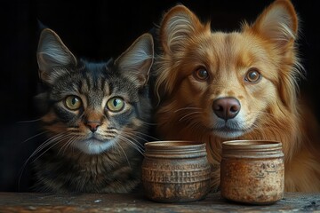 heartwarming portrait of unlikely animal friends playful dog and curious cat side by side contrasting fur textures expressive eyes harmonious color palette interspecies bond
