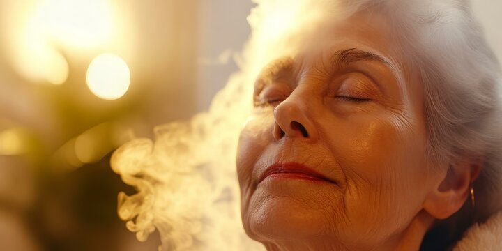A woman's face illuminated by warm light.