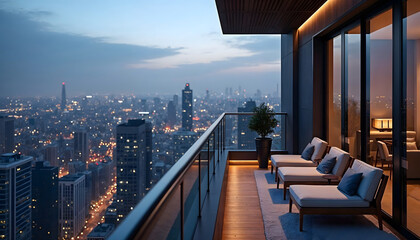 Fototapeta premium Captivating view from a chic balcony overlooking a vibrant city skyline at twilight. Ideal for urban lifestyle and real estate themes.
