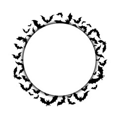 frame made of black bats. silhouettes of bats of different sizes fly in the shape of a round border. vector illustration isolated on a white background.