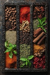 Aromatic Spices and Herbs in Vintage Wooden Box