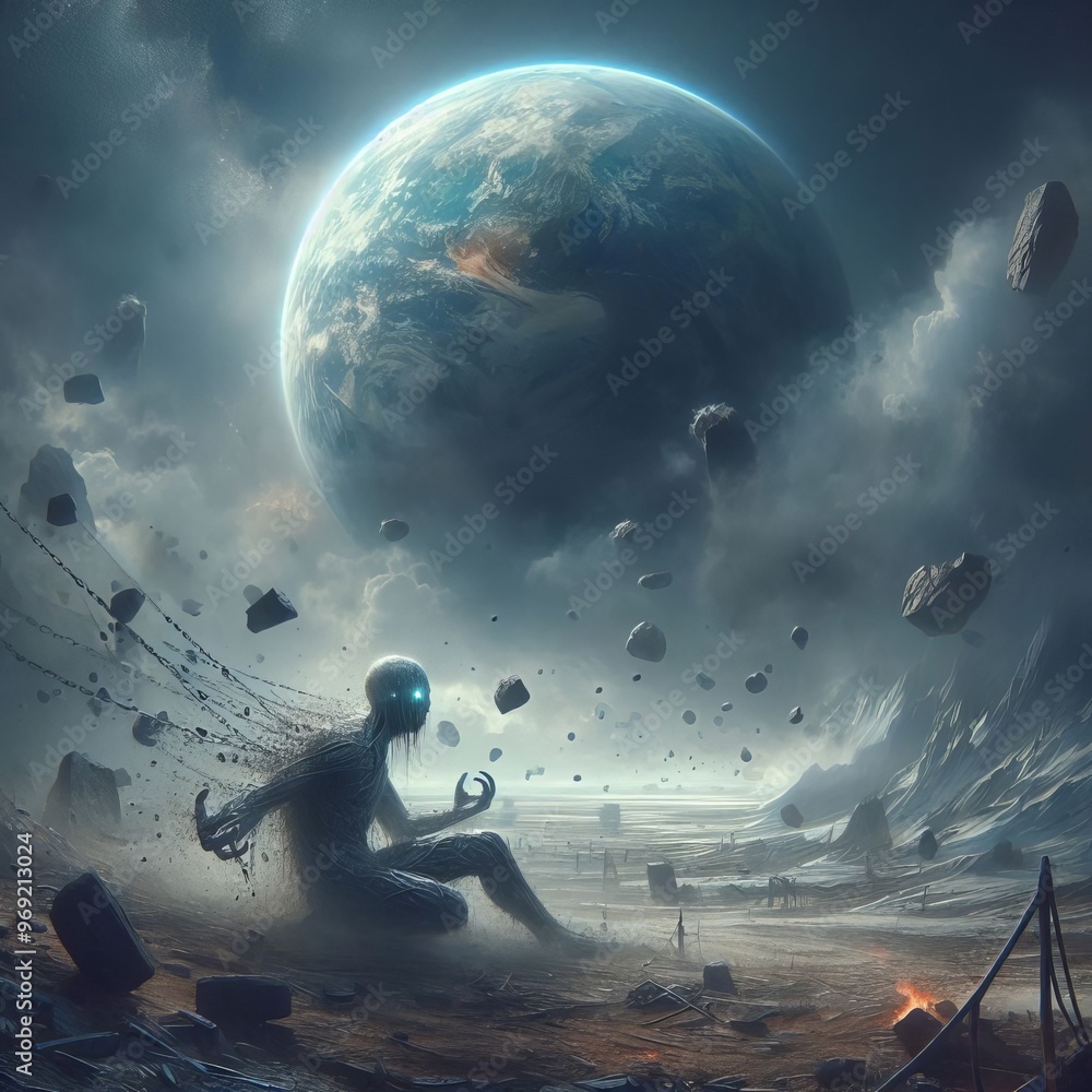 Poster a solitary figure in a desolate landscape gazes up at a massive, floating planet in a surreal cosmic
