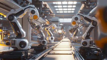 Fototapeta premium A photorealistic factory interior with robotic arms and conveyor belts working seamlessly under AI guidance
