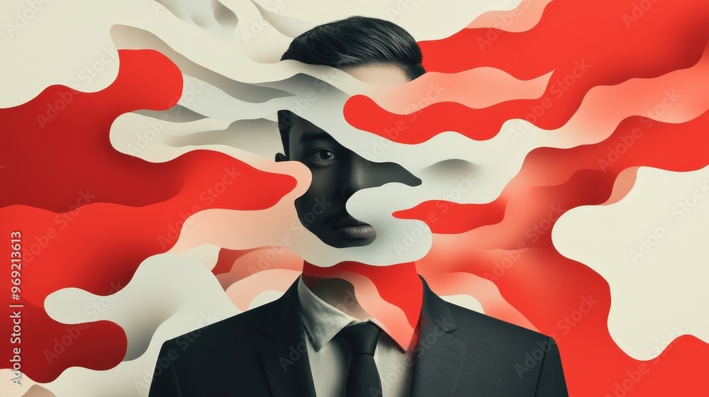 Poster dynamic representation of a brand manager amidst abstract shapes and vivid color contrast