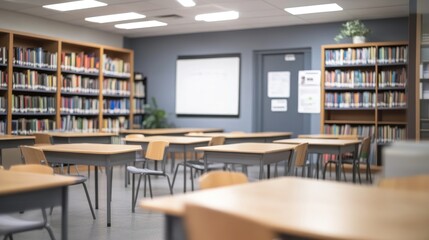 Naklejka premium A blurry view of a classroom and library interior, offering a perfect educational backdrop for academic and resource business concepts.