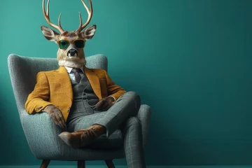 Ingelijste posters hipster deer in dapper business suit and trendy sunglasses lounging confidently in a midcentury modern chair set against a pastel teal background © julija