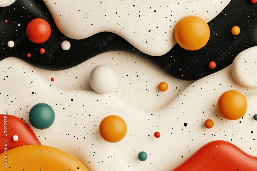 Poster dynamic composition of colorful spheres and waves evokes modern artistic expression and depth