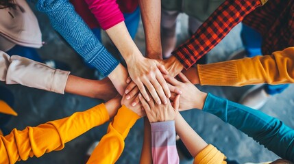 Diverse team members from different backgrounds joining hands in a show of collective support for a common goal or purpose