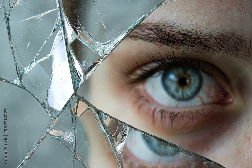 Poster a close up of broken mirror reflecting an eye, creating striking visual