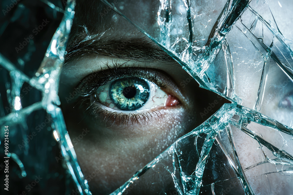 Aufkleber a close up of broken mirror with shards reflecting an eye, creating striking visual