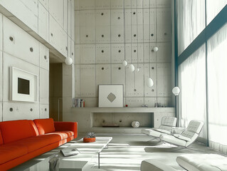 a modern living room with a brutalist architectural style, using contemporary concrete interior architecture design warm lighting contrasting with cold concrete