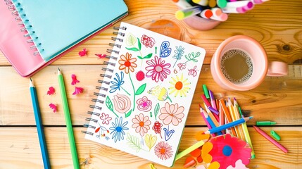 Fototapeta premium Colorful array of art supplies stationery and creative tools arranged on a wooden desk suggesting a workspace for expression learning and productivity