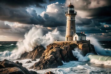 Obraz premium A lonely lighthouse perched on a cliff, surrounded by crashing waves and turbulent skies.