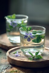 Fototapeta premium Refreshing Herbal Drink with Mint and Flowers in Glass on Wooden Surface