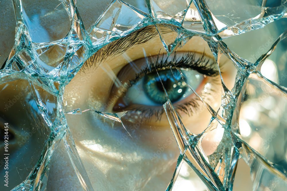 Poster A close up of broken mirror reflecting an eye, creating striking visual effect