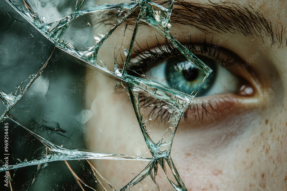Poster A close up of broken mirror reflecting an eye, creating striking visual