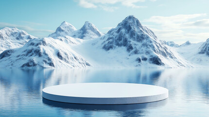 White circular podium on water with a large snow mountain on background, for product display presentations
