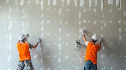 Construction Workers Installing Drywall in New Building