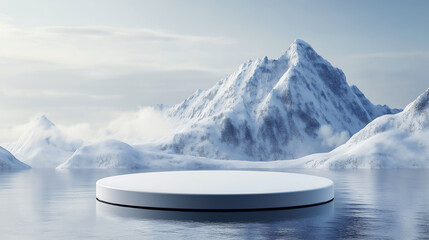 White circular podium on water with a large snow mountain on background, for product display presentations