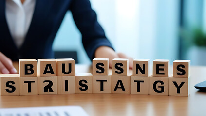 businesswoman arranges wooden blocks business strategy icons desk leaving space text