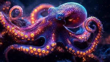 Semiabstract octopus with tentacles forming vibrant neon spirals symbolizing intelligence adaptability and mystery