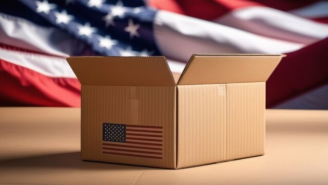 Open cardboard box with american flag in background symbolizing shipping and national pride