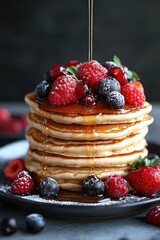 Delicious Stack of Pancakes with Berries and Syrup