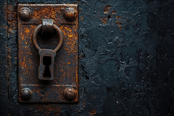 A close up of rusted metal lock with sinister keyhole evokes mystery