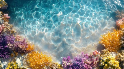 Fototapeta premium Underwater view of a vibrant coral reef with glowing bioluminescent plankton, featuring diverse marine life in clear blue water