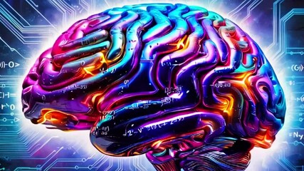 A colorful, futuristic, glowing brain with circuits and math equations in the background. - Powered by Adobe
