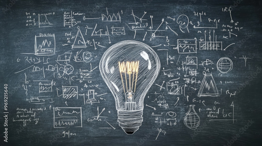 Poster a chalkboard drawing of a lamp surrounded by formulas, illustrating concepts of problem-solving, int