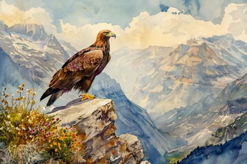 Fototapeta premium Golden Eagle perched on a cliff in a rugged mountain landscape with alpine flowers,watercolor illustration , created by ai