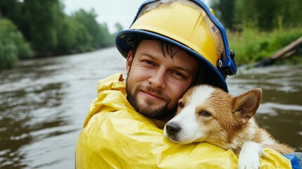 A young man in a raincoat and helmet holding a dog in his arms, representing an animal rescue mission during adverse weather conditions, showcasing bravery, compassion, and care for animals in need