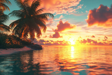 A tropical paradise with vibrant sunset reflecting on calm waters