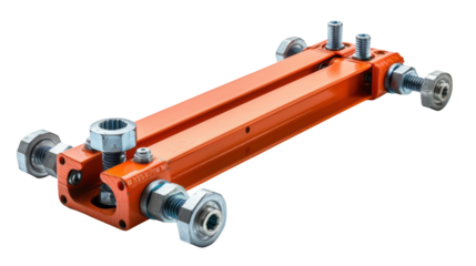Orange metal bracket with screws and nuts isolated transparent background