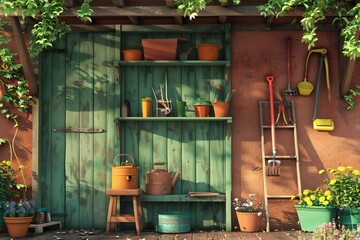 Soft 3D render of a charming garden shed with neatly organized tools, created by ai