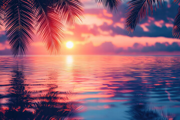 A tropical paradise with vibrant sunset reflecting on calm waters