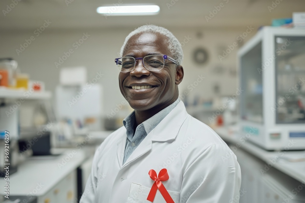 Poster portrait of a smiling scientist in a lab