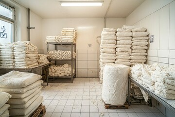 Stacked White Fabric in a White-Tiled Room