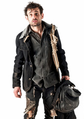 Bankrupt man in torn clothes, desperate,