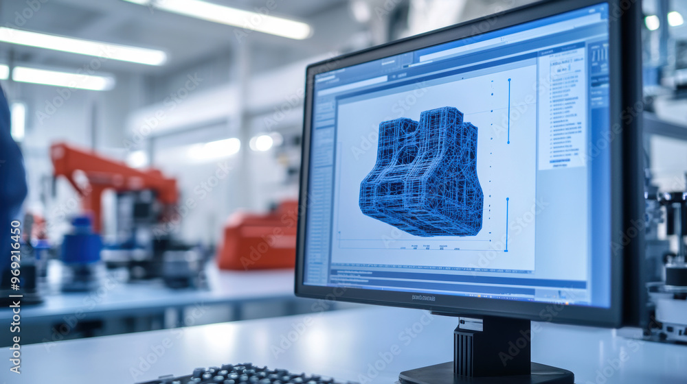 Poster 3d model of product displayed on computer screen in modern industrial workspace, showcasing advanced