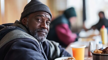 Optimistic black man enjoys a meal in a shelter dining area with fellow community members