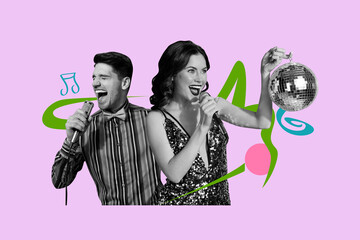 Creative collage young beautiful woman man sing song talented artists performance festive event...
