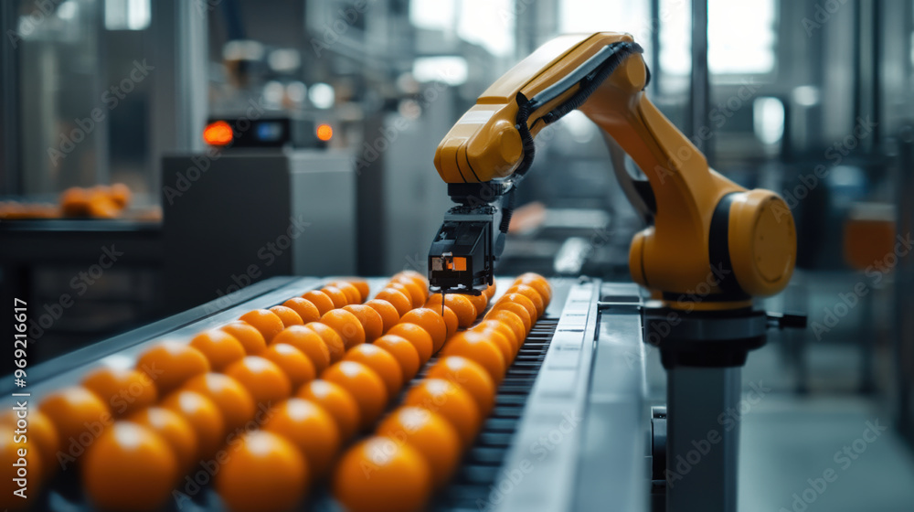 Poster automated robotic arm performing visual quality inspection on orange balls in factory setting, showc