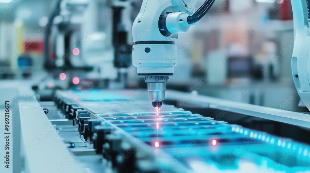 Poster automated robotic arm performing visual quality inspection on production line, showcasing precision 