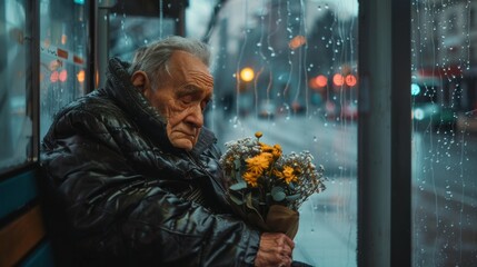 Fototapeta premium Elderly man waiting at bus stop with flowers on a rainy day
