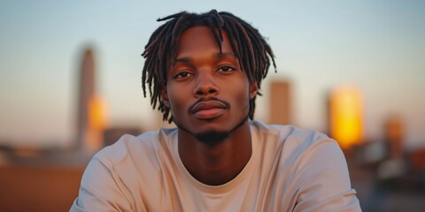 A young Black man with dreadlocks sits on a bike against a city skyline during sunset, with warm lighting illuminating the scene