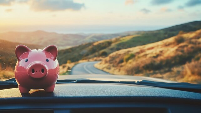 Piggy bank sitting on the dashboard of a car against a backdrop of a picturesque mountain landscape at sunset