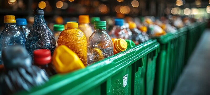 A closeup view of a crate or container filled with various colorful recycled plastic and glass bottles showcasing the concept of environmental conservation sustainability