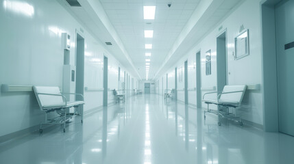 Obraz premium Empty hospital corridor with sterile environment and bright lighting